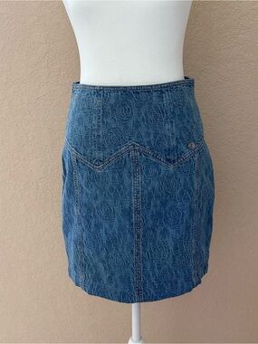 CHANEL Blue Floral-Embossed Denim Midi Skirt